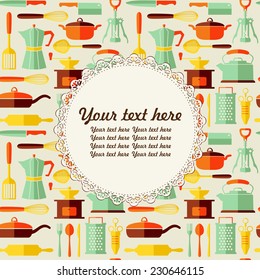 Kitchen background with bright flat icons and with place for text. Retro styled menu. 
