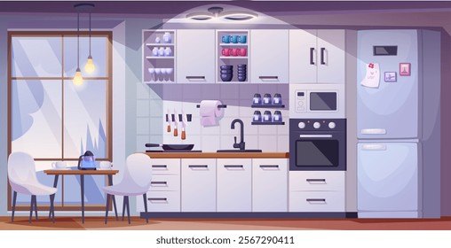 Kitchen background. Furniture composition in kitchen room exact vector template illustration in cartoon style