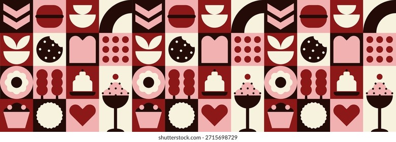Fondo de cocina con mosaico de panadería geométrica moderna y patrón de pastelería de comida rápida. Ilustraciones de Editorial para artículos de revistas de comida y comedor.