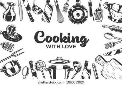 Kitchen background with staff in black and white. Vector illustration.