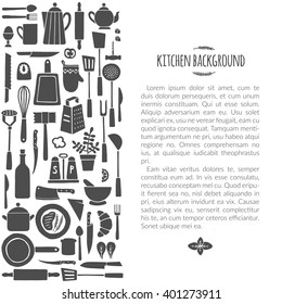 Kitchen background- vector black and white illustration with isolated crockery silhouettes. Unique handdrawn template with text area. Drawing created in simple rough style. Modern design concept.