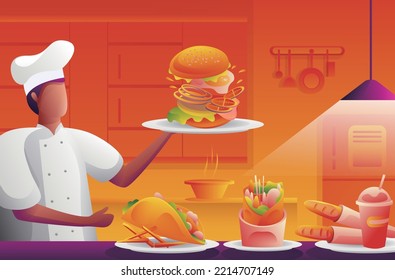 Kitchen background vector illustration. The chef in the restaurant is cooking some dinner in the kitchen, hamburger in hand, some drinks, fries, bread, tortillas etc. prepared food on the table.