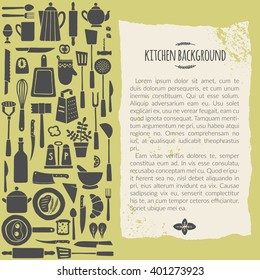 Kitchen background- vector illustration with isolated crockery silhouettes on green backdrop. Unique handdrawn template with text area. Drawing created in simple rough style. Modern design concept.