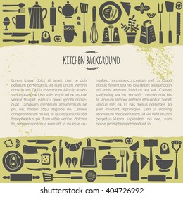 Kitchen background- vector illustration with isolated crockery silhouettes on green backdrop. Unique handdrawn template with horizontal text area. Drawing created in simple grunge style. 
