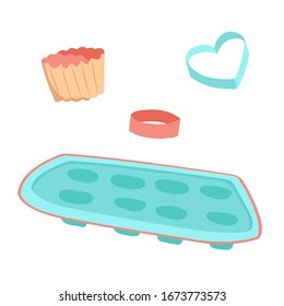 Kitchen bakery equipments icons set. Kitchen tools objects with muffin tin, cake pan, cookie mold for print, textile, book, postcard, stickers. Vector illustration