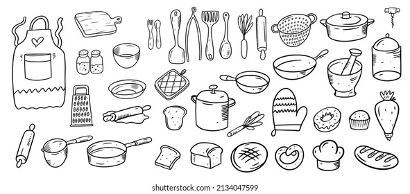Kitchen and bakery tools elements set. Doodle vector illustration style isolated on white background.