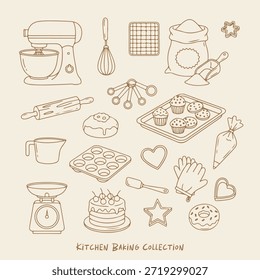Ilustración de la Colección de hornear de la cocina Cute Hand-Drawn Baking Tools Treats Line Art
