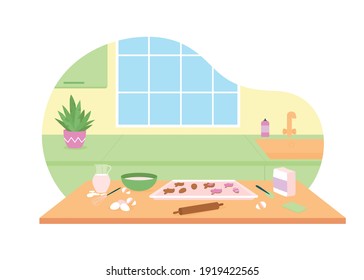 Kitchen for baking easter cookies 2D vector web banner, poster. Cooking utensils. Home interior flat scene on cartoon background. Spring holiday preparation printable patch, colorful web element