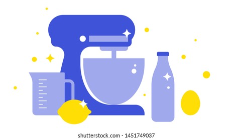 Kitchen and baking preparation: stand mixer, flour, milk, egg, measuring cup. Dishes, kitchen appliances and products. Vector illustration in trending style.