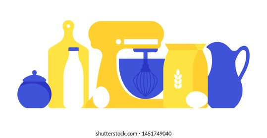 Kitchen and baking preparation: stand mixer, flour, milk, egg, measuring cup. Dishes, kitchen appliances and products. Vector illustration in trending style.