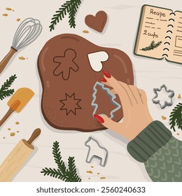 In the kitchen with baking supplies, a woman shows the process of making Christmas ginger cookies and treats.