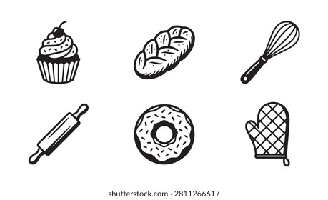 Kitchen and baking tool icons with pastry goods rollingpin illustration bakeware confectionery pastries culinary collection delicious isolated equipment