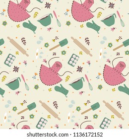 Kitchen Baking Utensils Seamless Pattern Over White. Vector Illustration