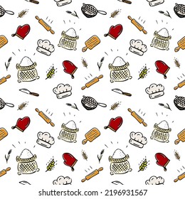 Kitchen baking utensils seamless pattern. All for baking. Image for bakeries and groceries. Healthy food.