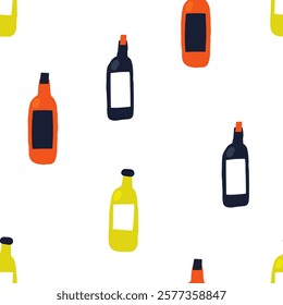 Kitchen, bar, winery interior seamless pattern. Cute hand drawn doodle repeatable pattern with wine bordeaux bottles, alcohol, party, holiday drink. Modern room background