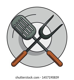 Kitchen barbecue utensils for grill turner fork on dish vector illustration graphic design