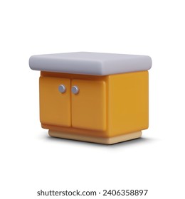 Kitchen base cabinet with countertop. Yellow realistic cabinet with doors, side view. Furniture for home. Isolated vector illustration. Template for interior design, scenes, advertising