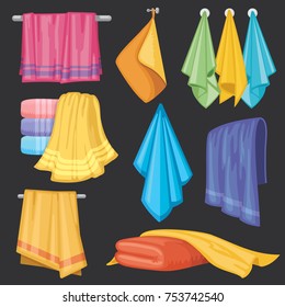 Kitchen and bath hanging and folding towels isolated vector set. Towel textile for bath room and beach illustration