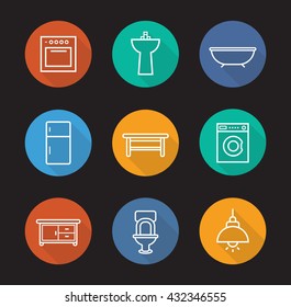 Kitchen and bathroom flat linear long shadow icons set. Electric stove, washstand, bath, fridge, classic wooden table, washing machine, kitchen counter, toilet, ceiling lamp. Vector line symbols