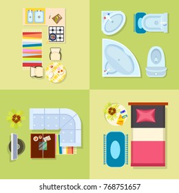 Kitchen and bathroom, living room and bedroom design set, representing all the equipments and necessary objects for life vector illustration