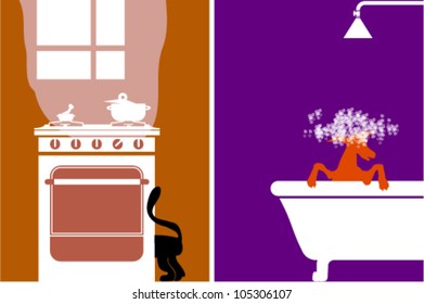 Kitchen and bathroom scenes