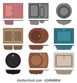 Kitchen and bathroom sinks. Vector illustration. Set, collection of colorful, bright round, square, rectangular and other different, various, shapes. 
