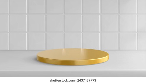 Kitchen or bathroom tile background and gold podium. 3d white shelf or table scene for product display on ceramic texture. Golden cylinder platform in toilet room interior or realistic countertop.