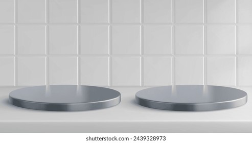 Kitchen or bathroom tile background and silver podium. 3d white shelf or table scene for product display on ceramic texture. Metallic cylinder platform in toilet room interior or realistic countertop.