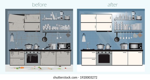 Kitchen before and after cleaning dirty dish in kitchen, clean plates and messy dinnerware. Dirt unwashed or clean dish wash, washing home utensil cartoon vector illustration.
