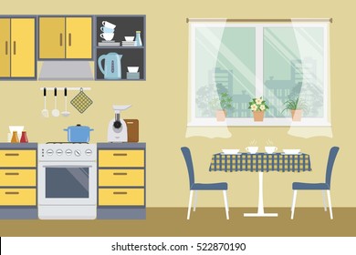 Kitchen in beige color. There is a yellow furniture, a stove, a meat grinder, a table, two blue chairs and other objects in the picture. Vector flat illustration