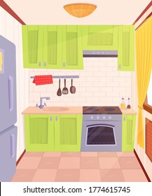 Kitchen with beige walls, orange lamp and green kithcen set. Cozy dinning room with fringe and window. Ready for game design, web, mobile app design. 
Vector cartoon flat illustration.