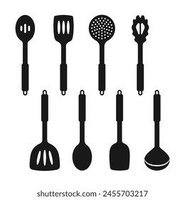 Kitchen black icons set. Kitchen utensils icon set. Tools for cooking. Spatulas, spoons for turning food. Utensils for cooking. Vector illustration.