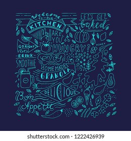 Kitchen Blackboard Lettering and Sketchy food. Vector Menu Elements. Cafe template design. Restaurant wall typography. Isolated elements.