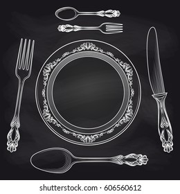 Kitchen blackboard poster with cutlery sketch. Plate forks knifes and spoons vector illustration