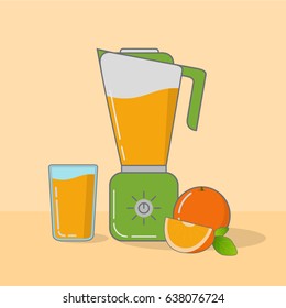 Kitchen blender plastic bowl.Electric household appliance.Preparation summer cocktail smoothie ripe orange juice.Health food and drink.Tropical citrus.Ripe organic halves fruit.Flat line art vector