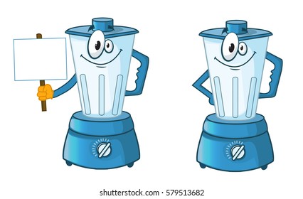 Kitchen Blender With A Sign In His Hand And Without Cartoon Vector Illustration