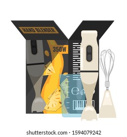 Kitchen blender unpacked from the box. beautiful packaging design, elements and symbols. New kitchen blender. Cooking with a blender. New purchase. Carton packaging flat design