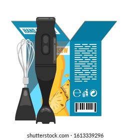 Kitchen blender unpacked from the box. beautiful packaging design, elements and symbols. New kitchen blender. Cooking with a blender. New purchase. Carton packaging flat design