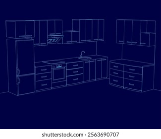 Kitchen with blue cabinets and a blue countertop. The kitchen is empty and has a modern design