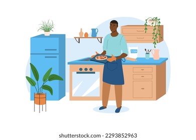 Kitchen blue concept with people scene in the flat cartoon design. Man is cooking Italian pizza in his kitchen. Vector illustration.