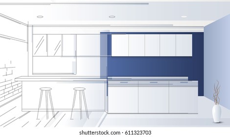 Kitchen blue room interior design. Living room with furniture. Cozy interior with shelf. sketch style vector illustration.