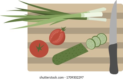 
Kitchen board for cutting vegetables. Chives, tomatoes, cucumbers chopped with a knife. Flat vector illustration