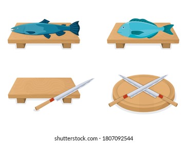 Kitchen board with sharp knife, salmon fresh fish cartoon style isolated on white, flat vector illustration. Concept cooking item icon, healthy meal stuff, ocean fish.