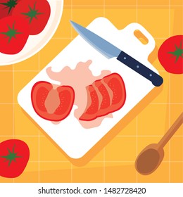 kitchen board with tomatoes and knife