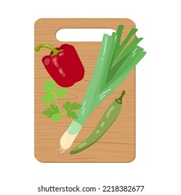 Kitchen board with vegetables cartoon illustration. Salad from pepper, chili and celery making process isolated on white background. Restaurant, culinary, dinner concept