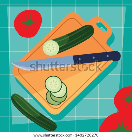 kitchen board with vegetables and knife