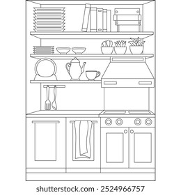 Estantería de la cocina estilo mínimo para colorear página de libro para niños y adultos colorear creativo mindful actividad de relajación