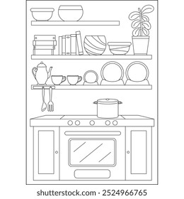 página de livro de coloração de estilo mínimo da estante de cozinha para crianças e adultos de coloração criativa de atenção à atividade de relaxamento