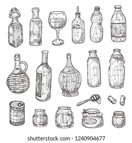 Kitchen bottles set. Hand drawn vector illustration. Can be used for logo, bakery, street festival, farmers market, country fair, culinary school, shop, classes, cafe, food studio.