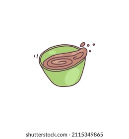 Kitchen bowl or dish with food or drink inside, hand drawn doodle style vector illustration isolated on white background. Kitchen bowl with dough for cooking.